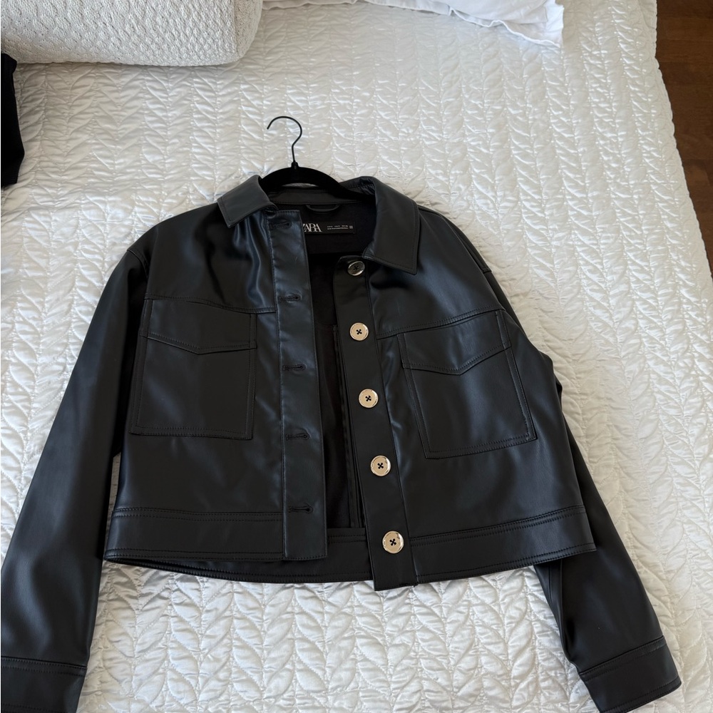 Zara Black Faux Leather Cropped Button-Front Jacket
